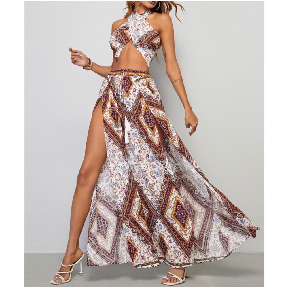 Boho Floral Print Tropical Crop Top Maxi Skirt Set